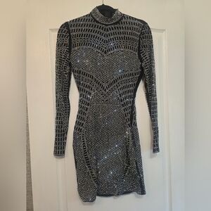 Fashion Nova Black and Silve Rhinestone Long Sleeve Dress